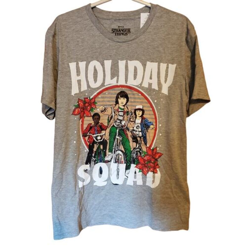 Stranger Things Mens Sz L T-Shirt Holiday Squad Bike Christmas Gray Netflix New